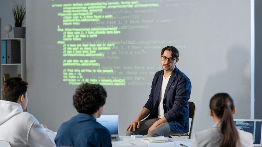 Confident Software Engineer Making Technical Presentation